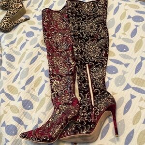 Red velvet with gold sequins high heel boots Size 6.5